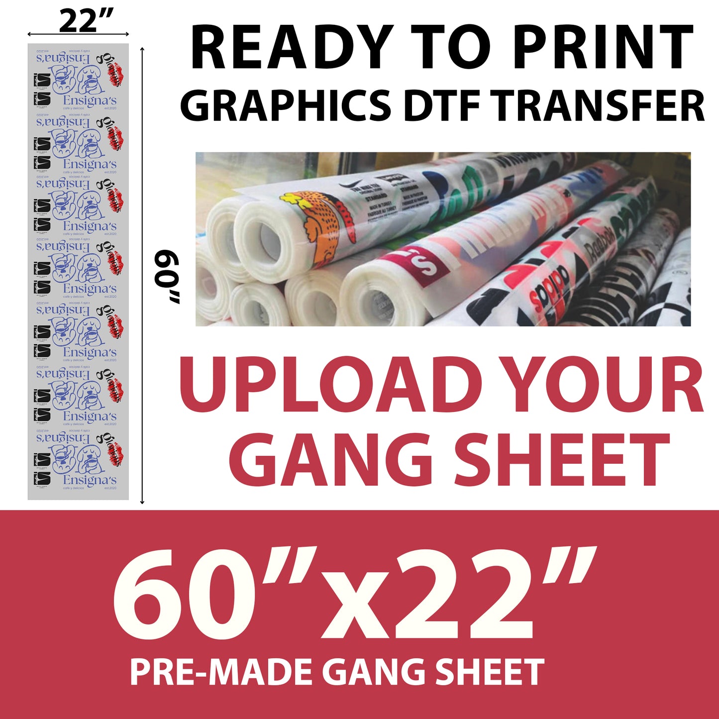 Print Ready Graphics DTF Transfer – 60×22 Inch Upload Your Own Gang Sheet